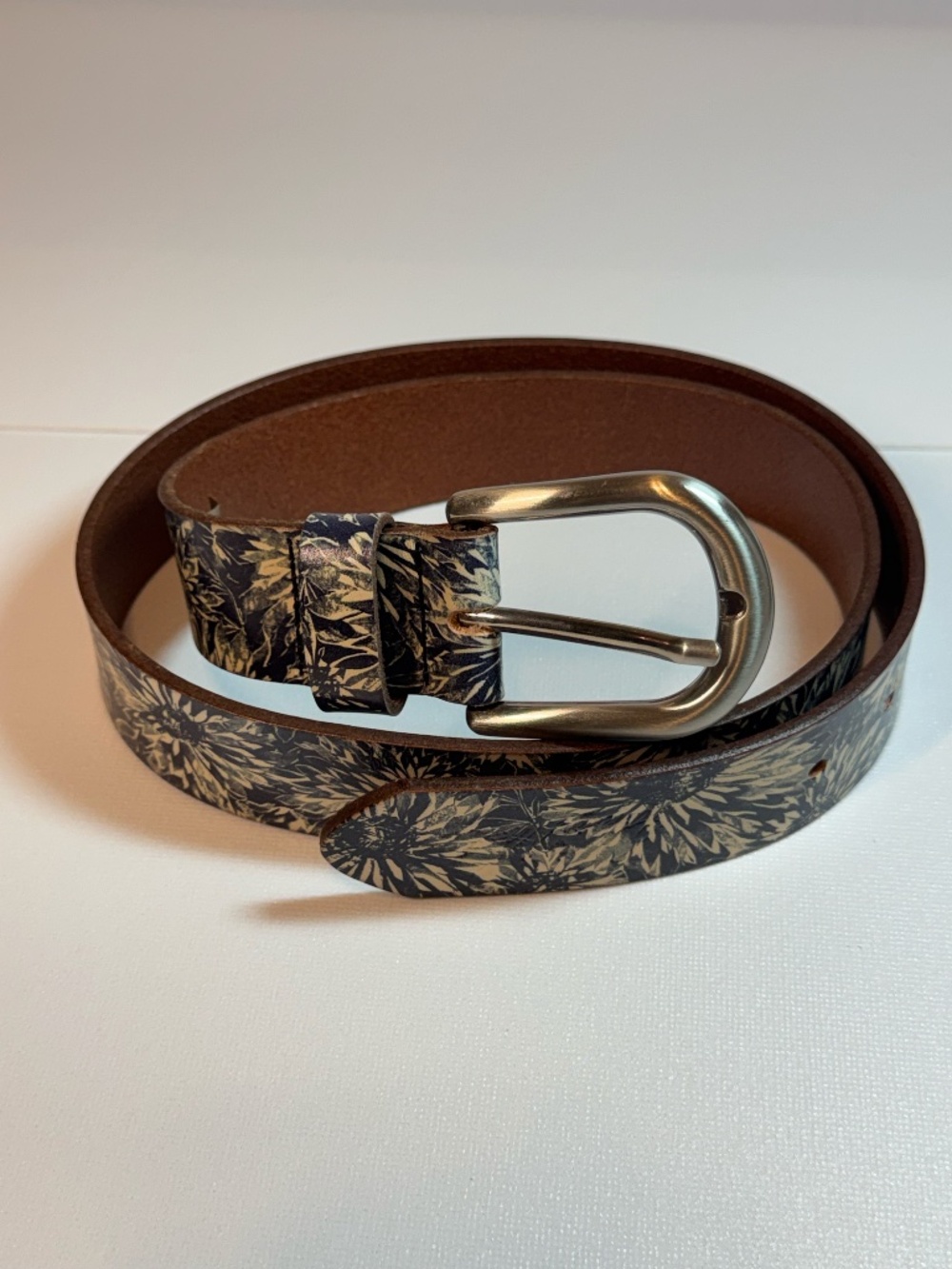 Patricia Nash Leather Floral Botanical Belt Black Tan Size S